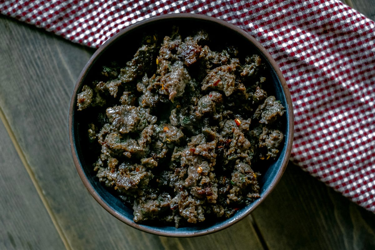 cooked antelope breakfast sausage in bowl.