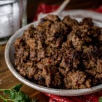 cooked venison Italian sausage in bowl.