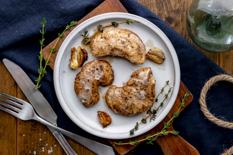 ButterBasted Halibut Cheeks with Garlic and Thyme Peak to Plate