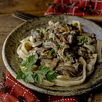 elk stroganoff with egg noodles and parsley.