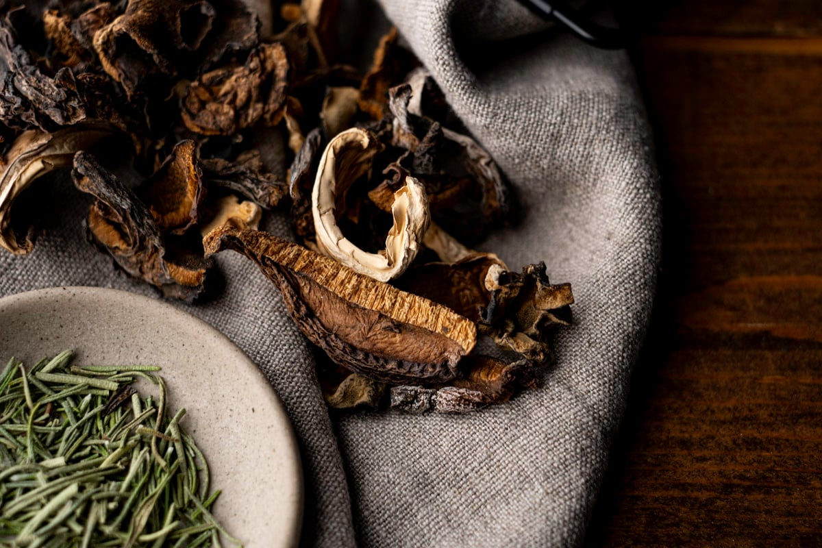 wild mushrooms on linen cloth with rosemary.