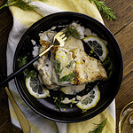 lingcod filet with creamy white wine sauce and dill.