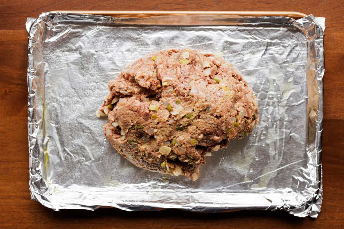 meatloaf mixture on sheet pan.