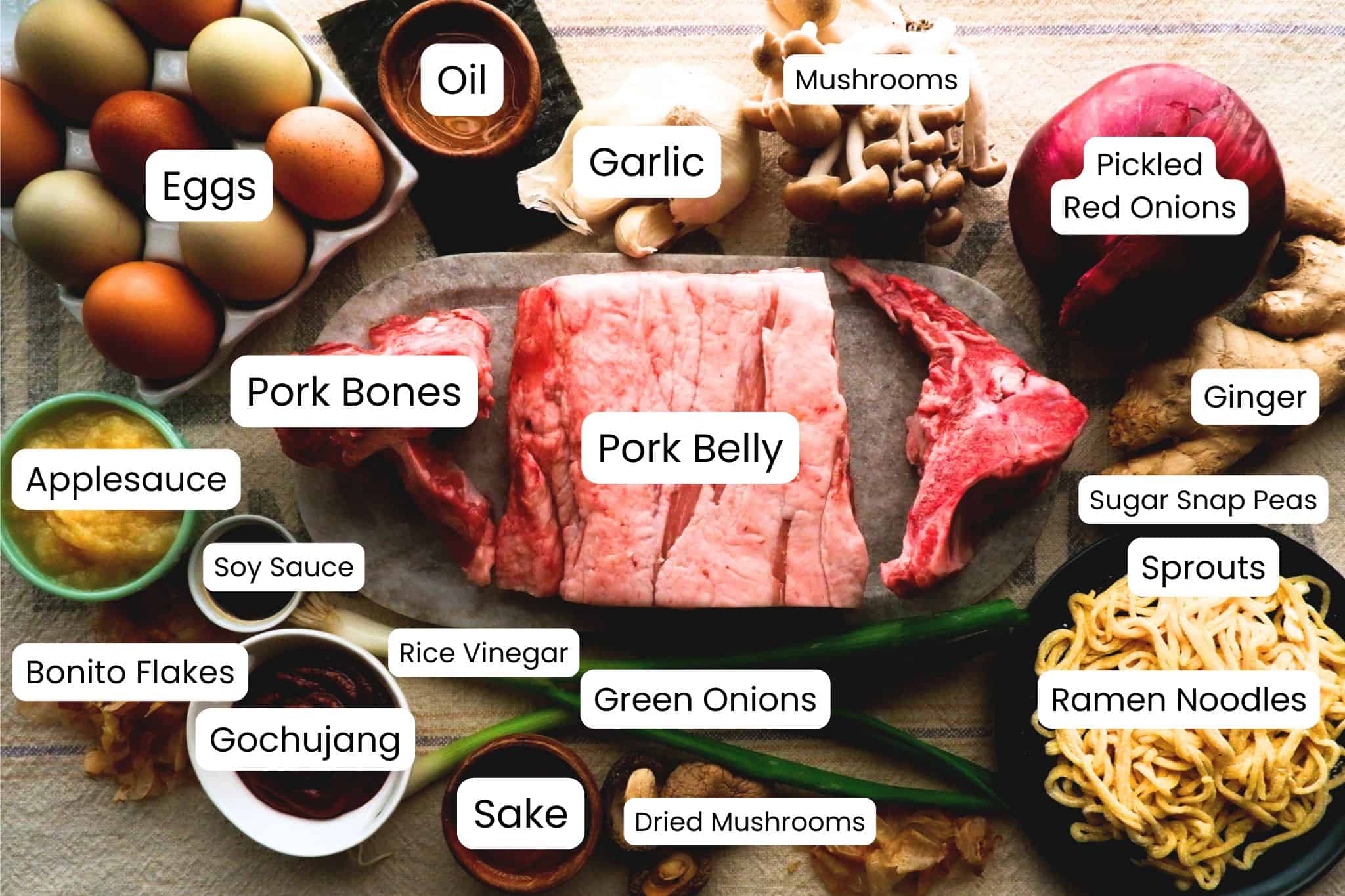 gochujang pork belly ramen ingredients with labels.