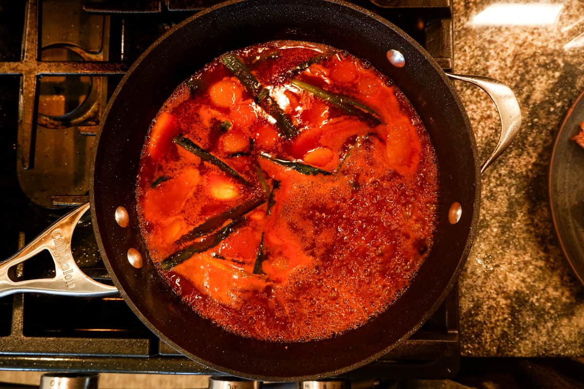 gochujang pork belly sauce simmering.