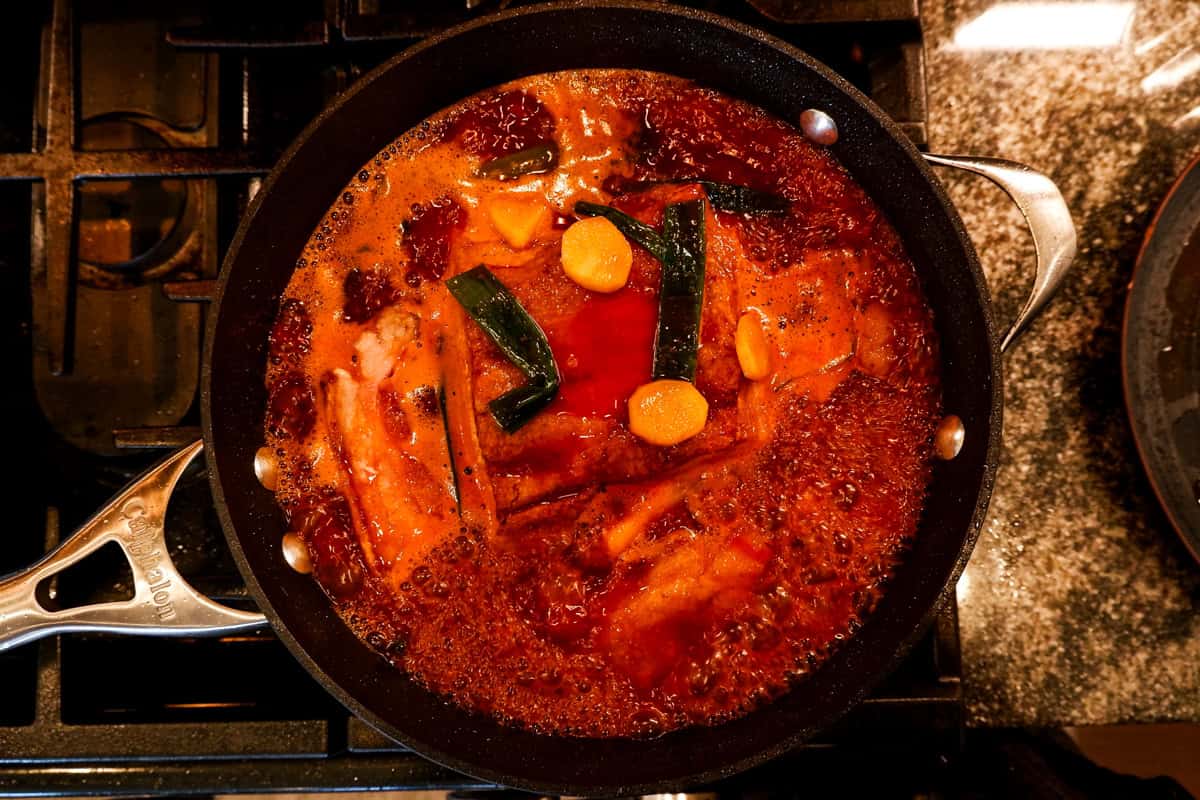 gochujang pork belly simmering.