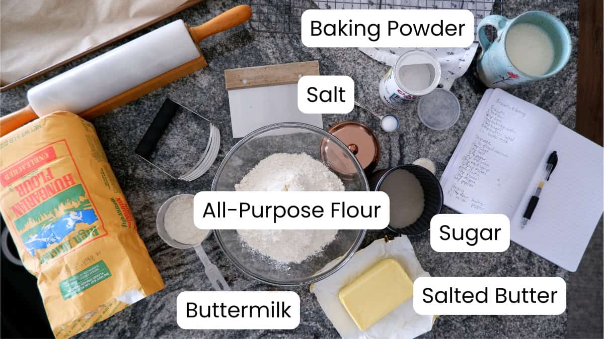 buttermilk biscuit ingredients with labels.
