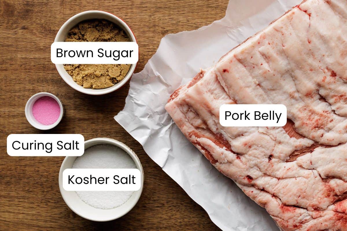 homemade smoked bacon ingredients with labels.
