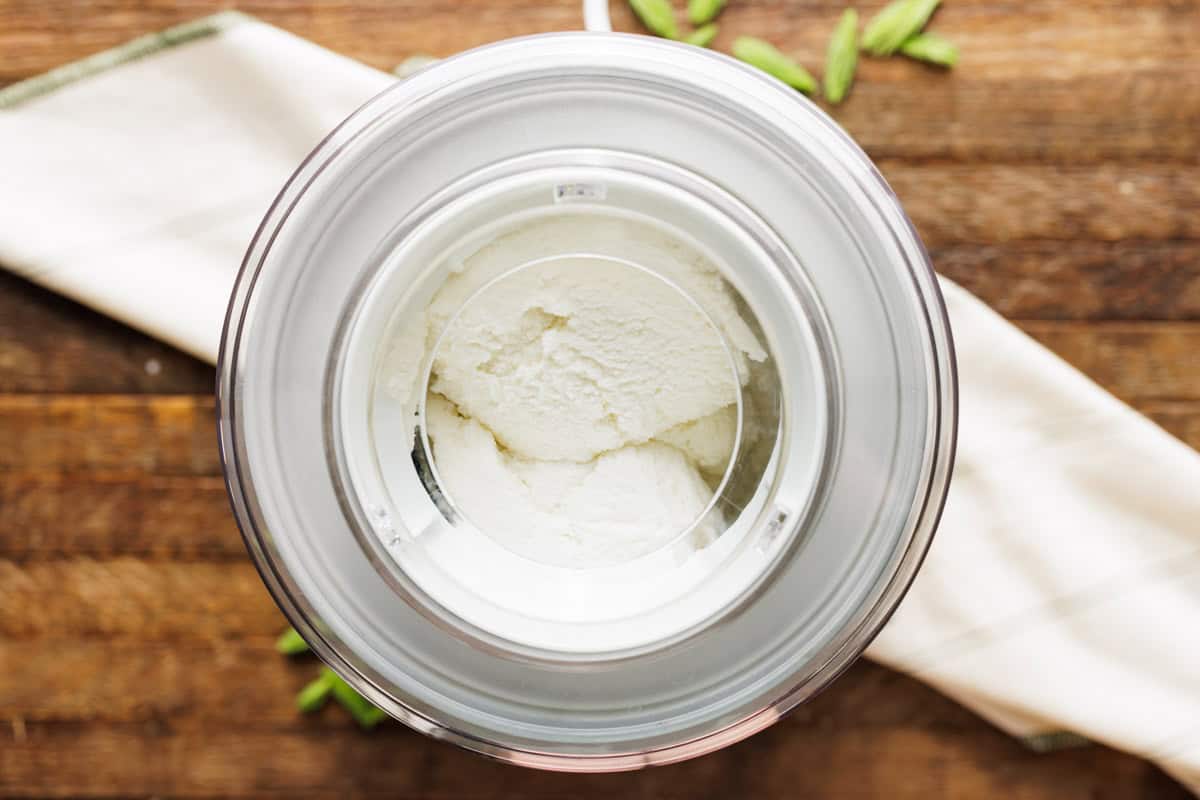 ice cream maker churning spruce tip ice cream.