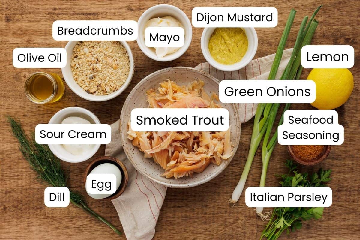 smoked trout cake ingredients with labels.