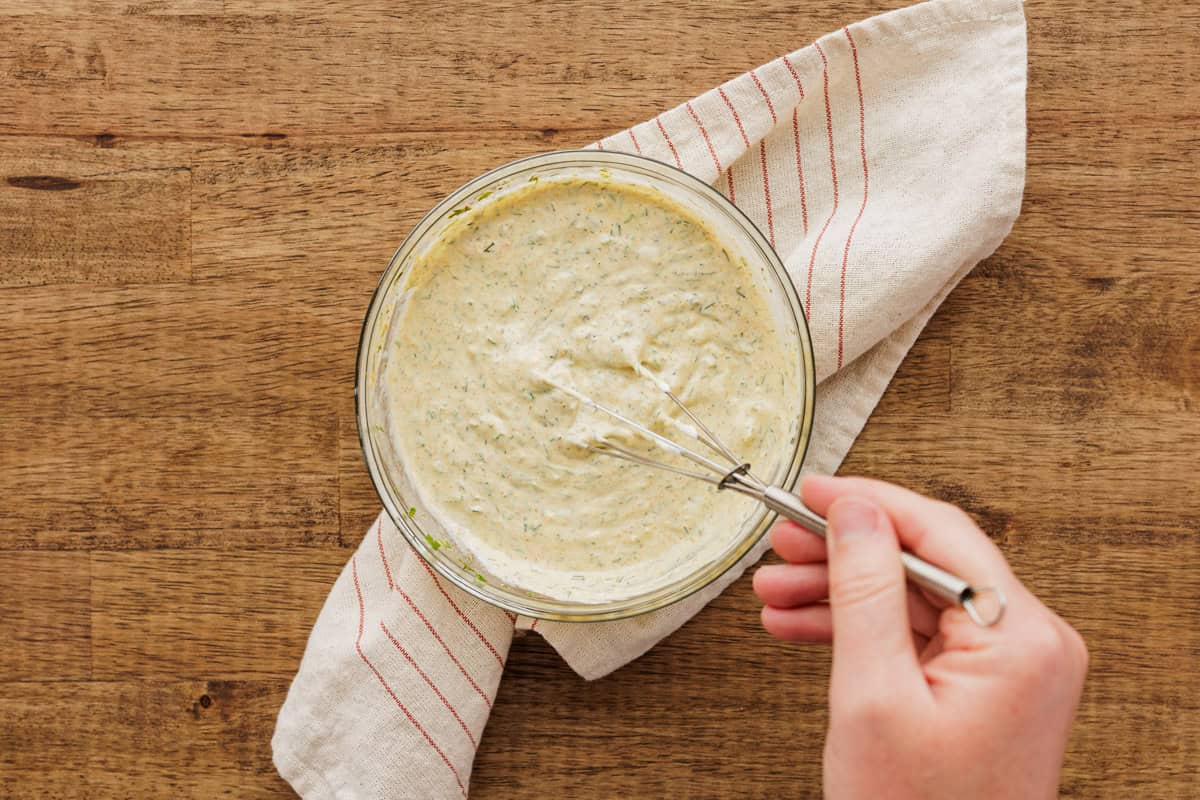 whisking sauce for trout cakes.
