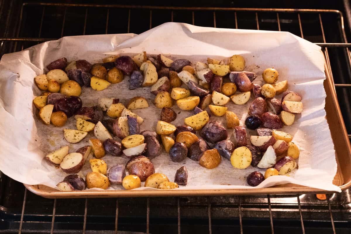 rosemary roasted potatoes in oven.