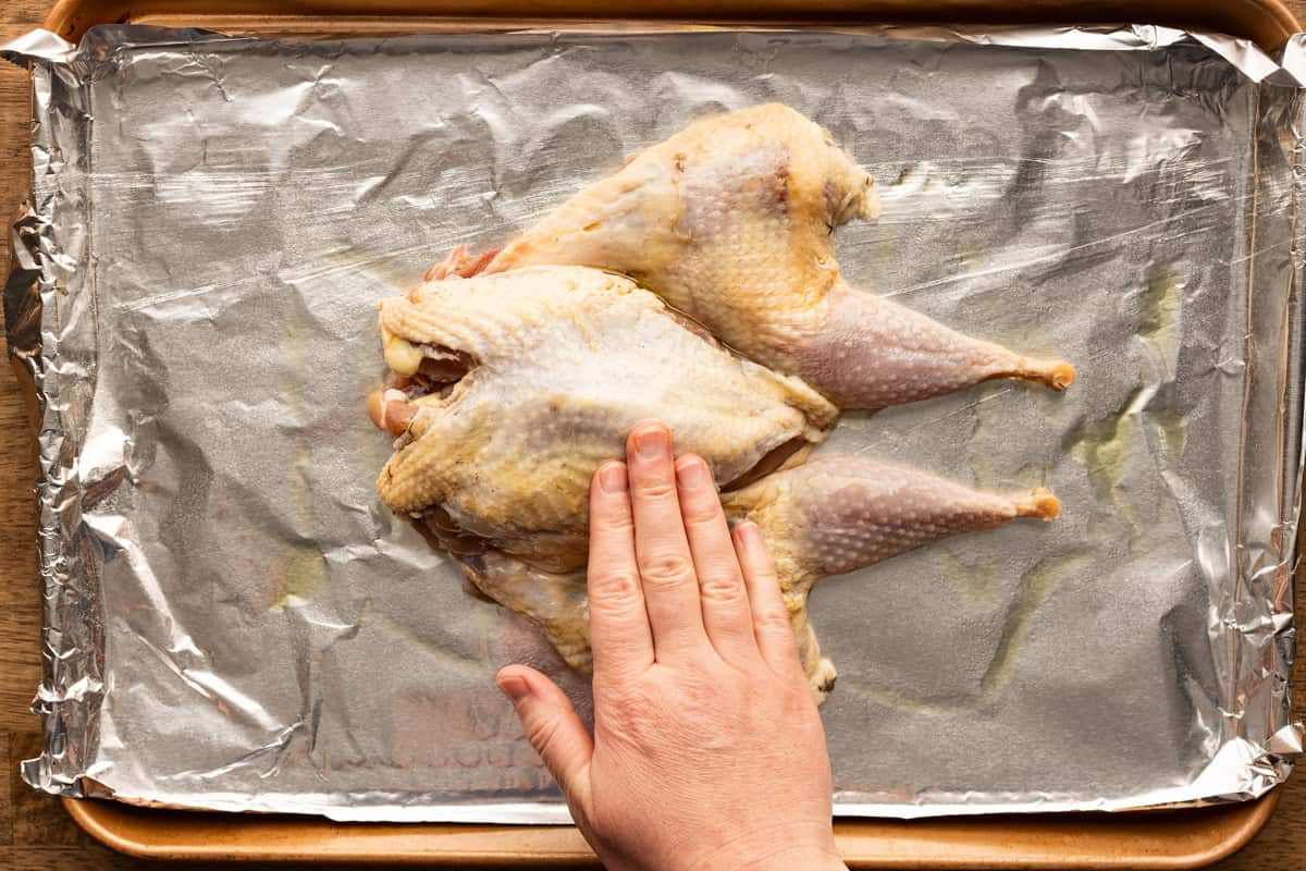 rubbing olive oil on pheasant.