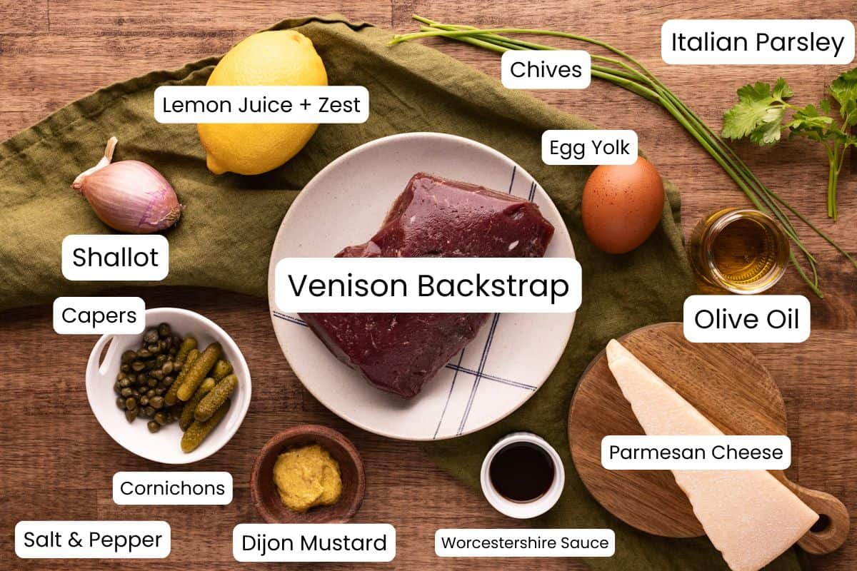 venison tartare ingredients with labels.