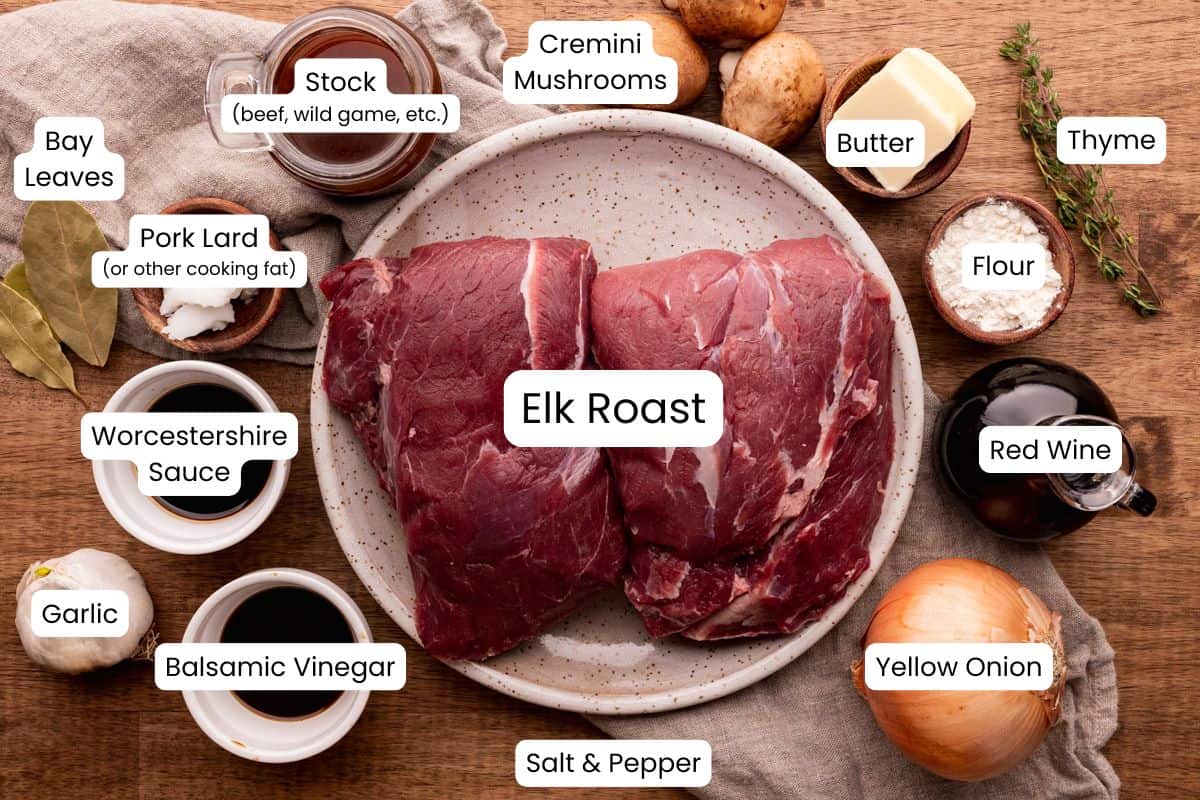 crock pot elk roast with mushroom gravy ingredients with labels.