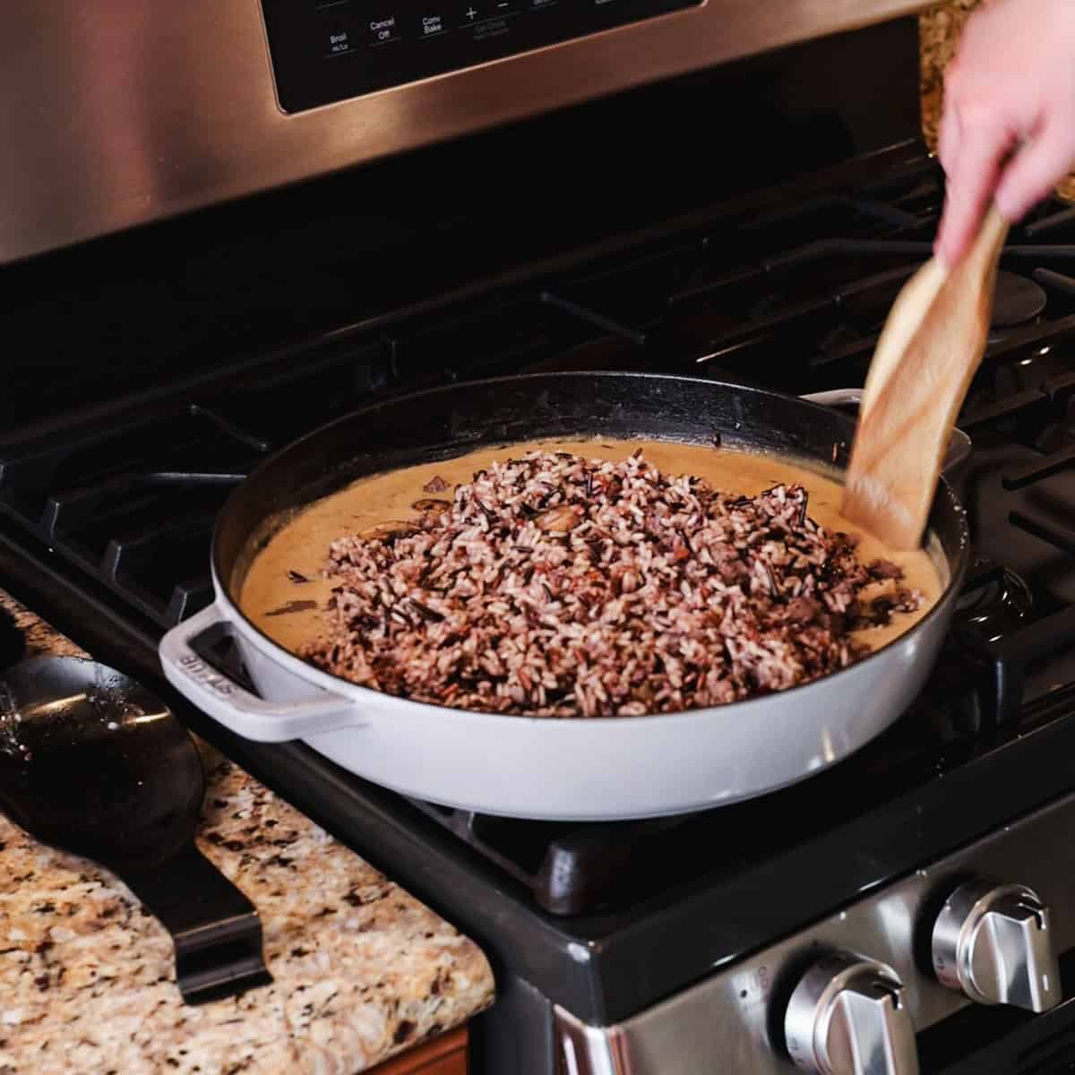 stirring venison casserole ingredients.