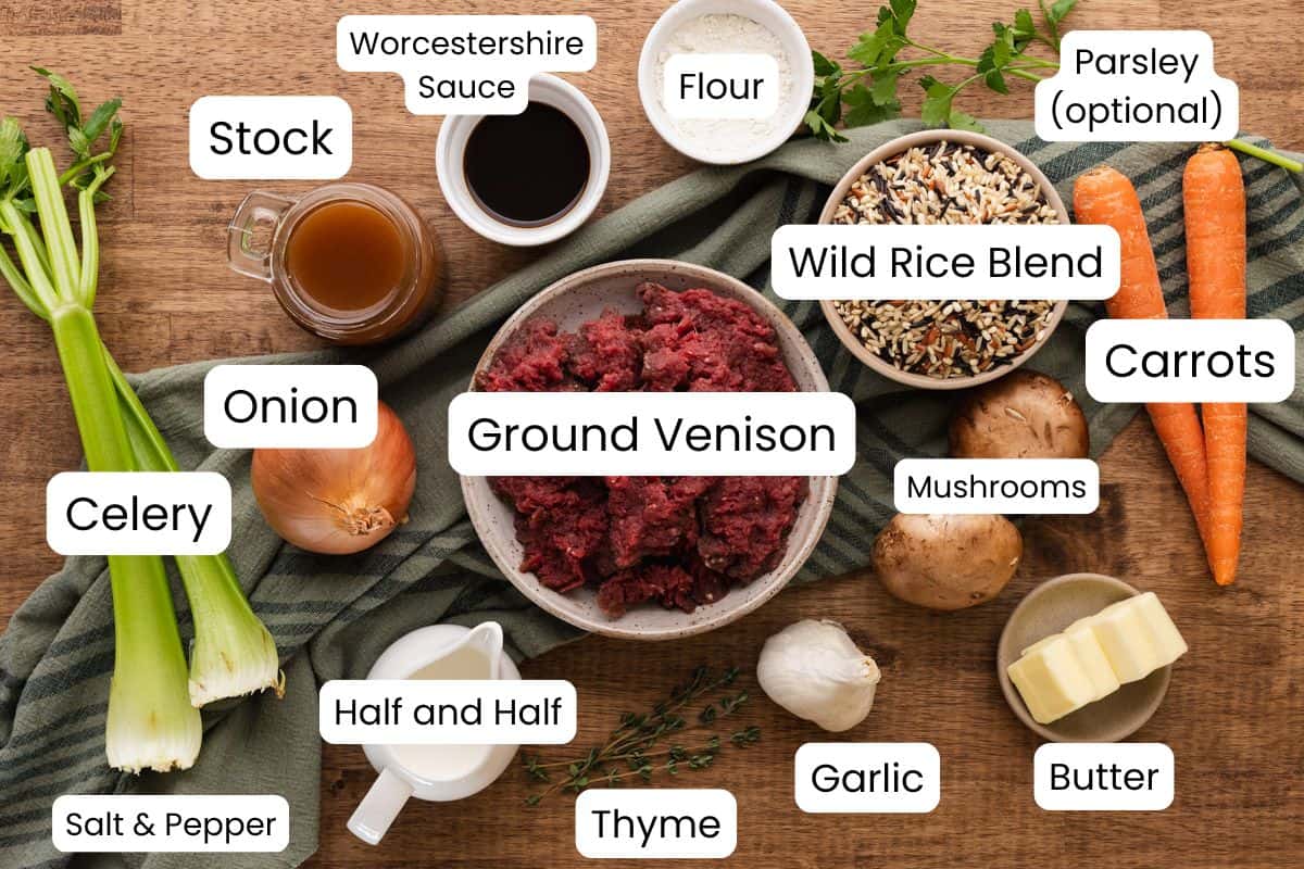 venison casserole with wild rice ingredients with labels.