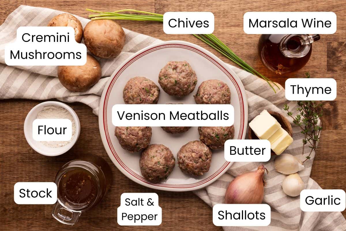 venison meatballs with marsala sauce ingredients with labels.