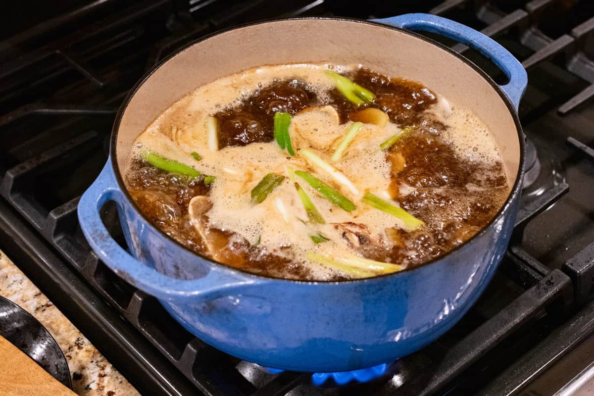 elk shanks simmering in liquid with green onions.