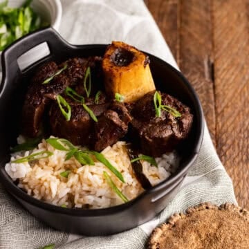 soy braised elk shank osso buco in bowl with rice.