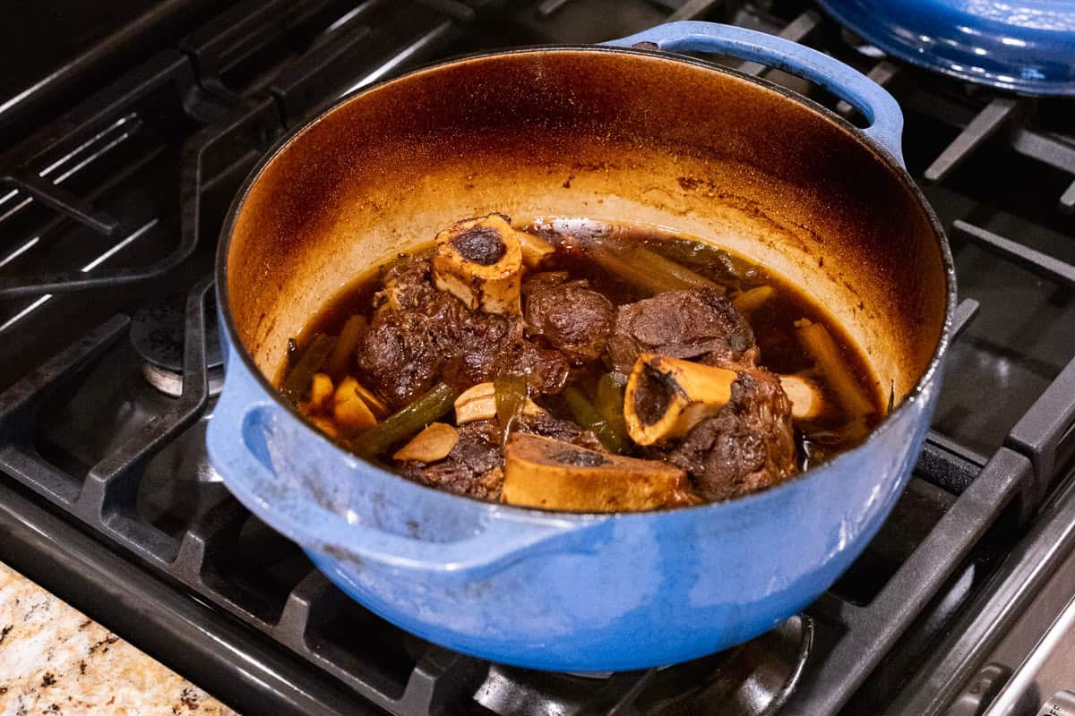 soy braised elk shanks in dutch oven.