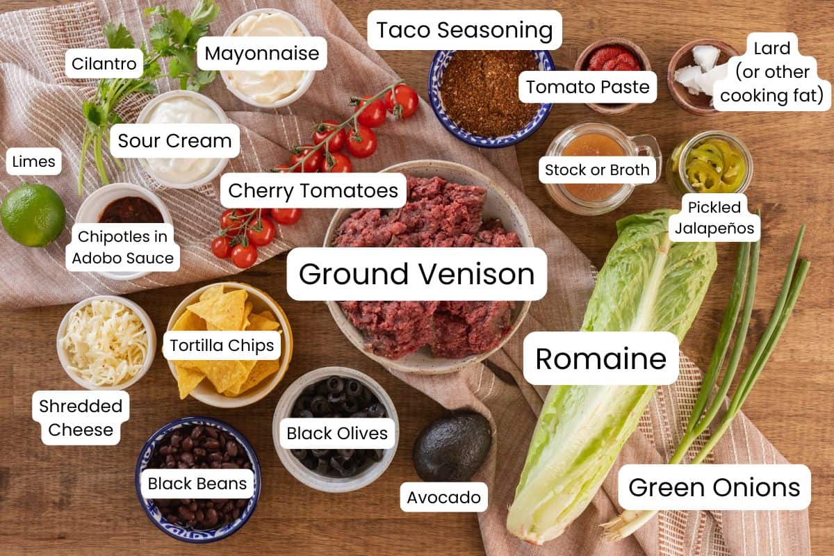 venison taco salad ingredients with labels.