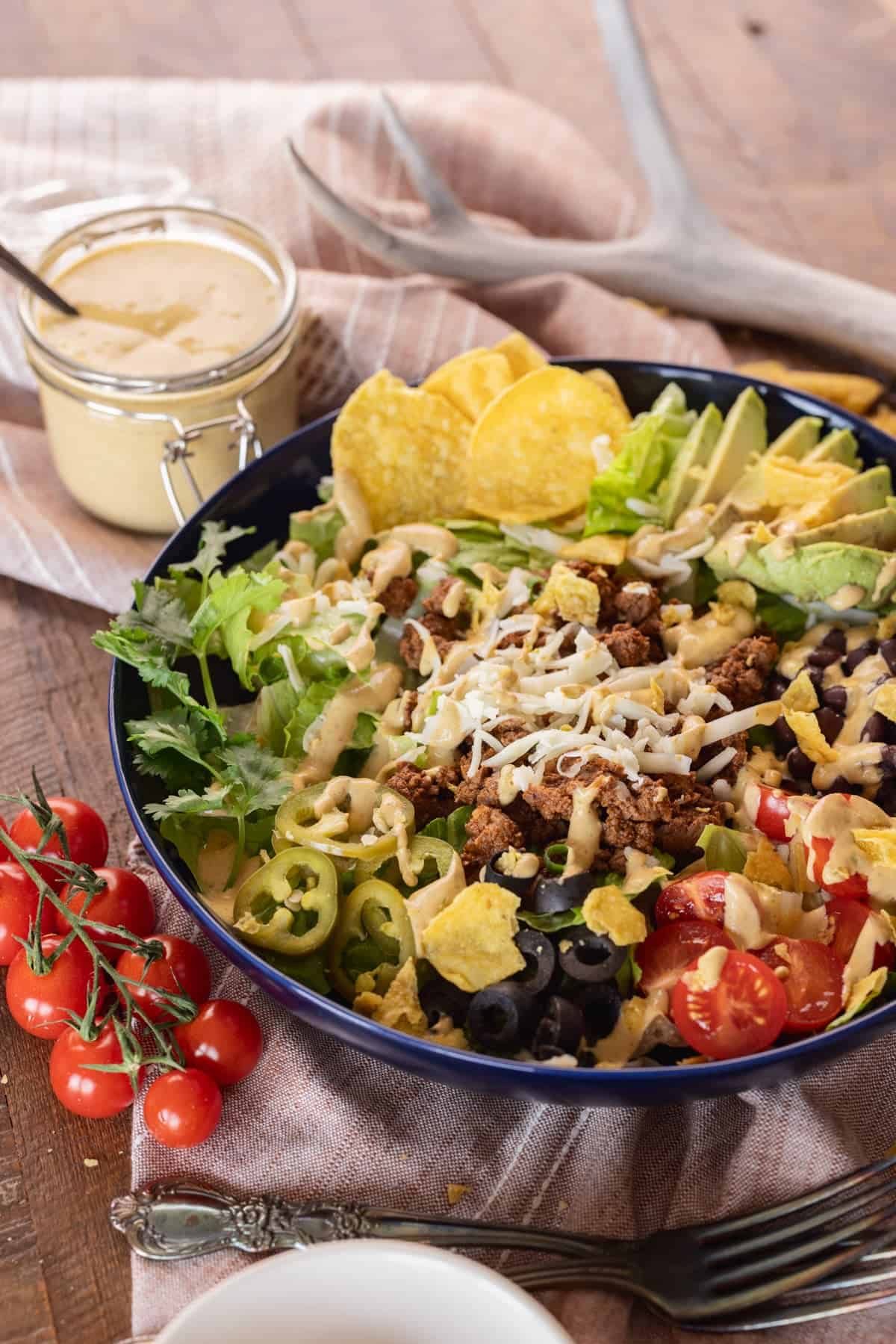 venison taco salad with chipotle lime dressing.