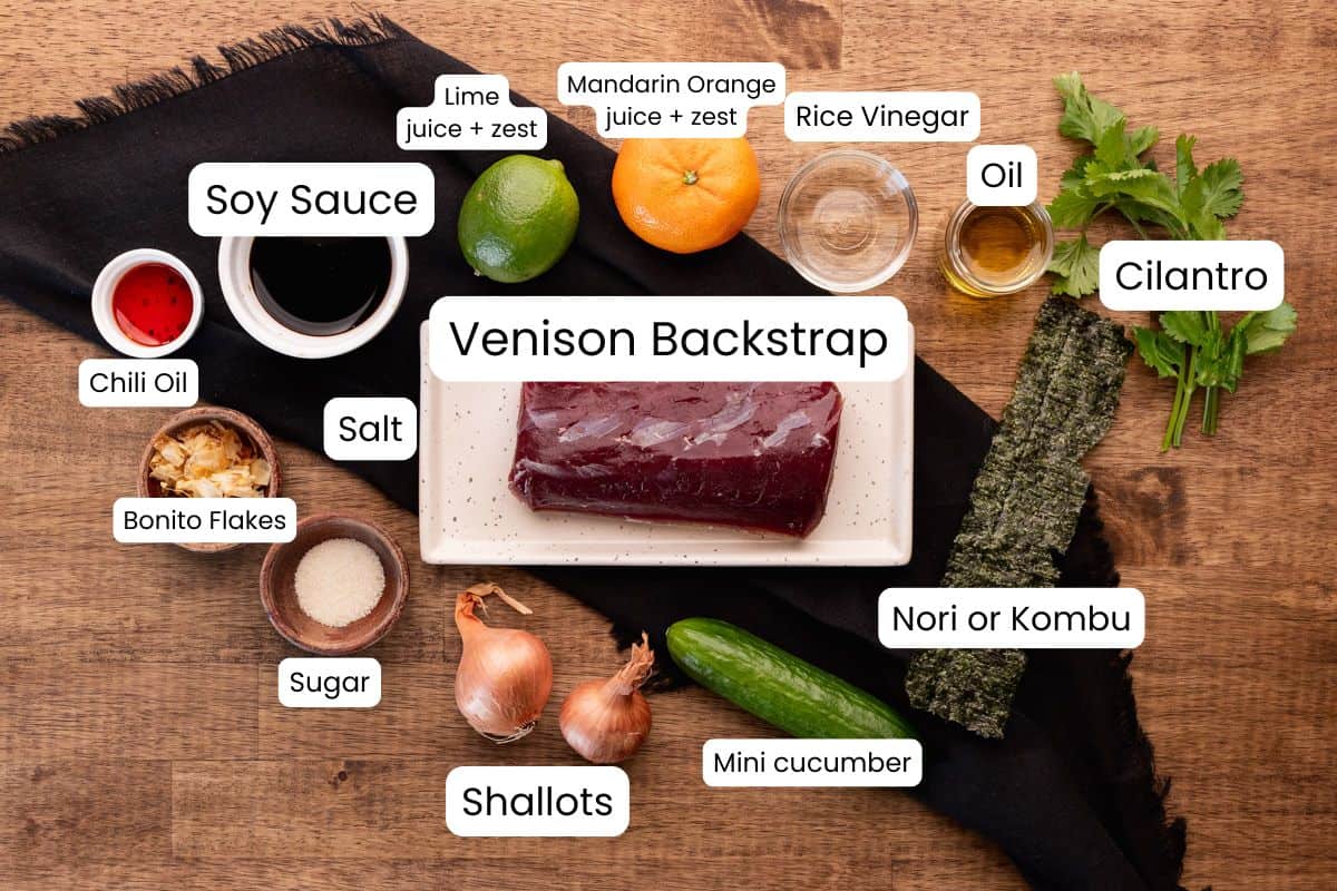venison tataki ingredients with labels.