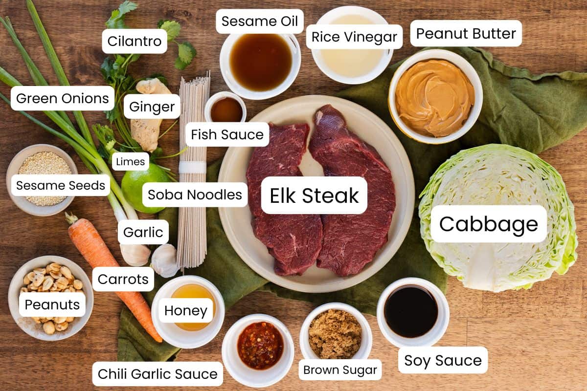 elk steak noodle bowls with peanut sauce ingredients with labels.