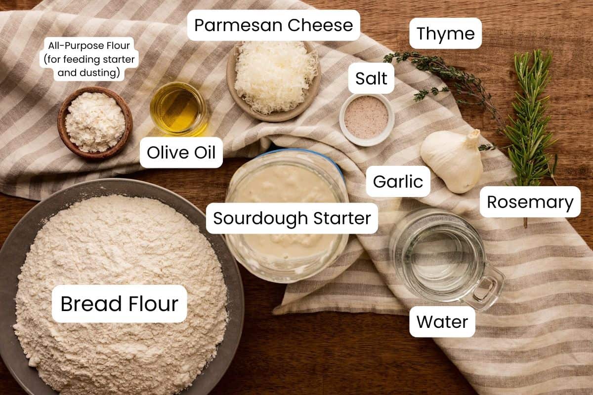 garlic and herb sourdough ingredients with labels.