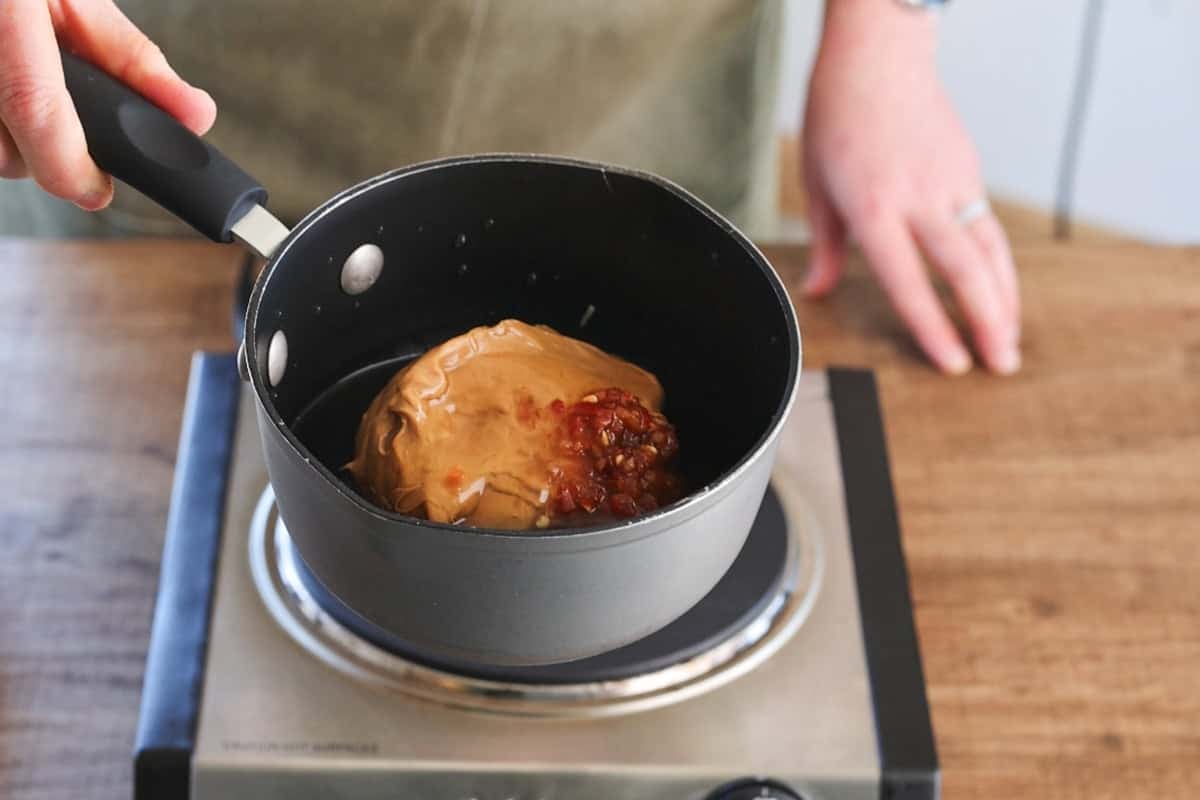peanut sauce ingredients in small saucepan.