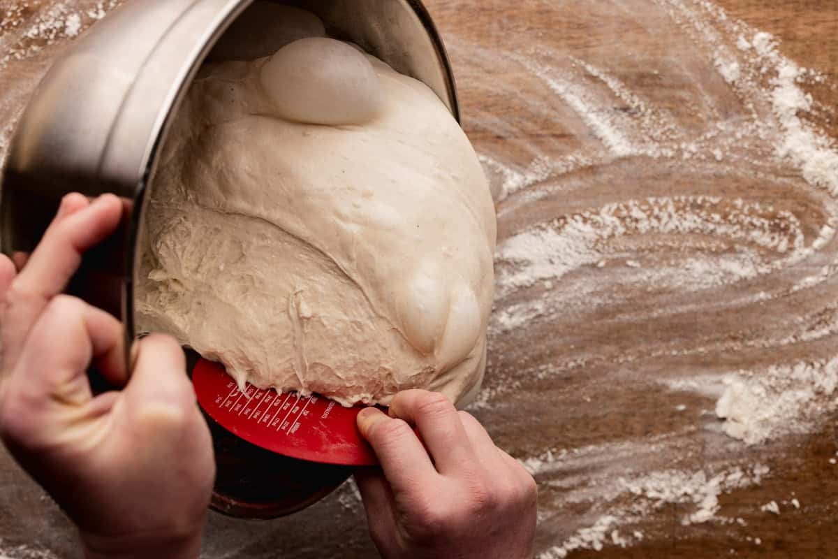 transferring sourdough dough from bowl to table.